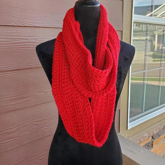 Handmade Crocheted Red Women's Winter Infinity Scarf - Picture 1 of 9